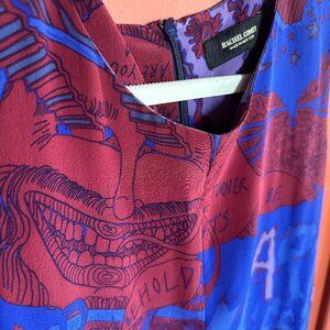 Blue and Maroon Comic Illustration Ramey Comey 100% Silk Summer Dress Size 6